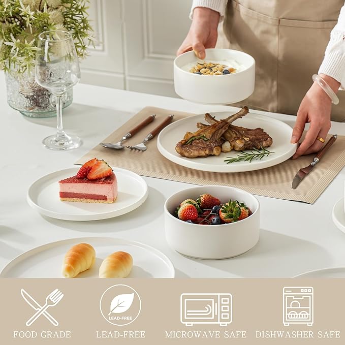 6 Piece Ceramic Dinnerware Set for 2, Modern Minimalist Stoneware Dinner Plates and Bowls, Microwave Safe, Dishwasher Safe, Versatile for All Seasons, Matte White