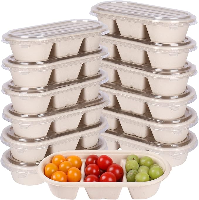 disposable paper 35 oz 3 compartments bowls with lids, Sugarcane Fiber Bowls For Snack, Dessert, Meal Prep 50 Pack