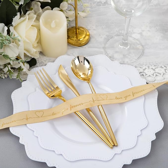 COLOSUS 100 pcs White Plastic Plates Set,Fancy Beaded Plates-European Retro plates include 50 dinner plates and 50 dessert plates,Plastic Disposable plates for BBQ and Party