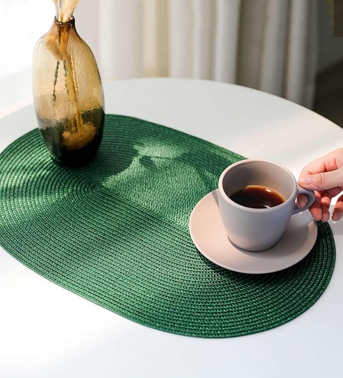 FunWheat Oval Braided Placemats Set of 4 Table Mats for Dining Tables Washable Heat Resistant Place Mats for Indoor Outdoor Use 12 x18 Inch(Oval Black Green, 4pcs)