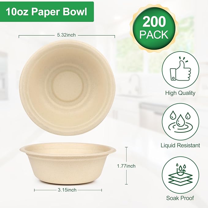 Paper Bowls 10 oz, 200 Pack Disposable Small Paper Bowls for Snacks, Salads, Hot Food, Eco-Friendly Recycled Biodegradable Compostable Bowl, Natural Brown