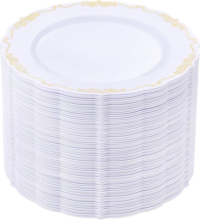 DaYammi 60PCS White and Gold Plastic Plates, Disposable Heavy Duty Plates Premium 7.5inch White Dessert Cake Salad Appetizer Plates Hard Plastic Platos Disposable for Party Wedding