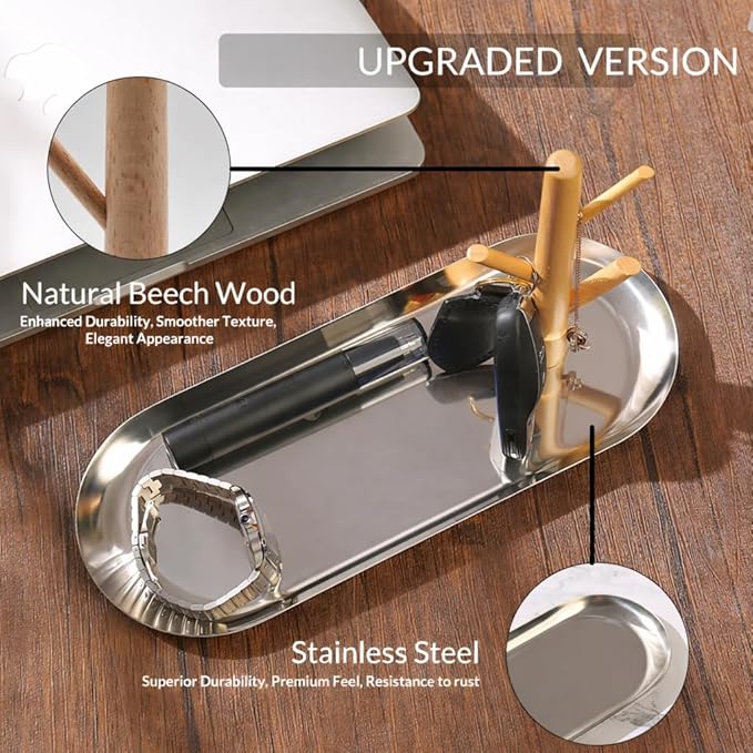 Shinpuru Key Tray & Key Bowl, Jewelry Tray with Wood 3-Tier Hanging Organizer - Multi-Functional Entryway Tray, Perfect for Key Dish, Ring Holder(Upgraded Version)(Silver Oval)