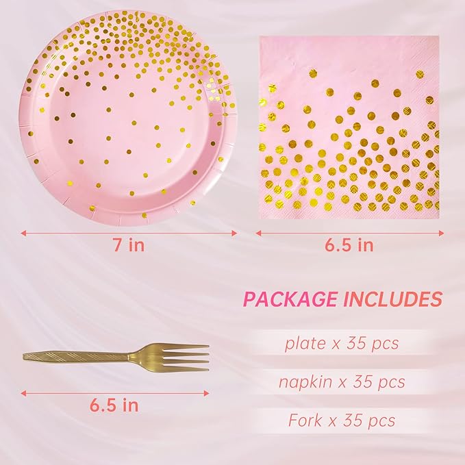 Pink and Gold Party Supplies,Serves 35 Guests Pink Paper Plates and Napkins,Disposable Party Paper Plates for Birthday Wedding