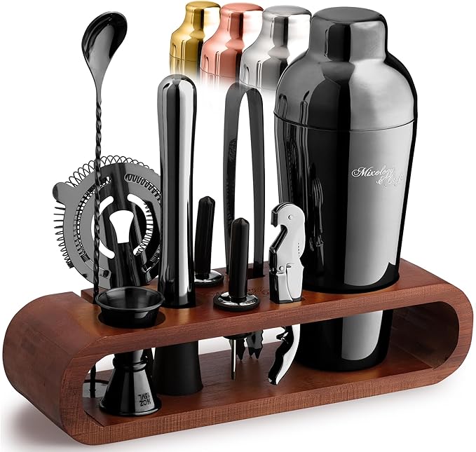 Mixology & Craft Cocktail Shaker Set with Dark Bamboo Stand - Professional 10-Piece Bartender Kit - Complete Bar Set & Cocktail Mixer Kit for Home (Gun Metal)