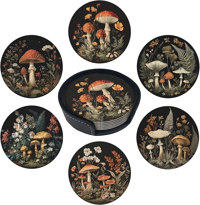 Mushroom Coasters for Drinks with Holder Round Leather Coasters Set of 6 Cups Mugs Mat Pad for Home Kitchen Bar
