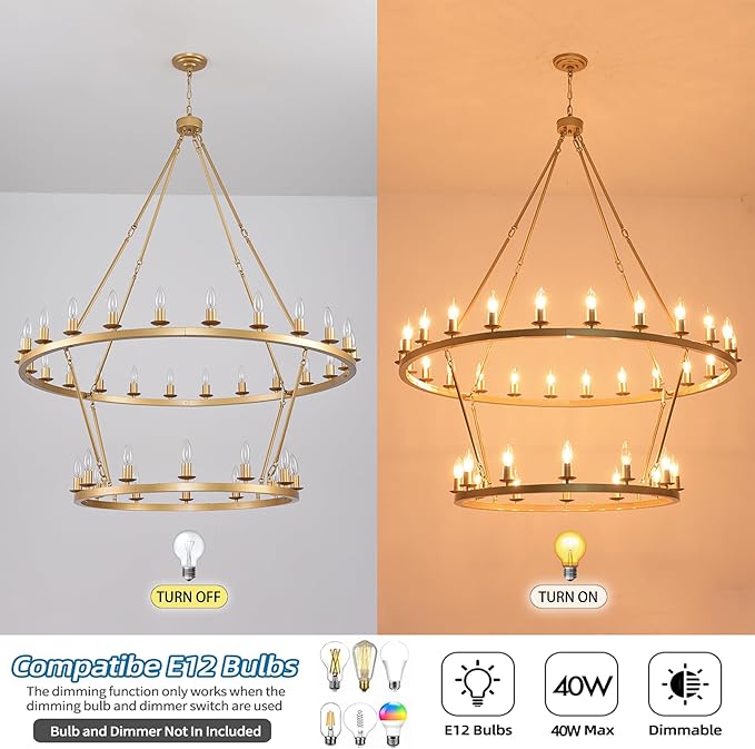 48 Inch 2 Tier Gold Extra Large Wagon Wheel Chandelier 36-Lights Farmhouse Industrial Round High Ceiling Pendant Light Adjustable Chain, for Dining Room, Living Room
