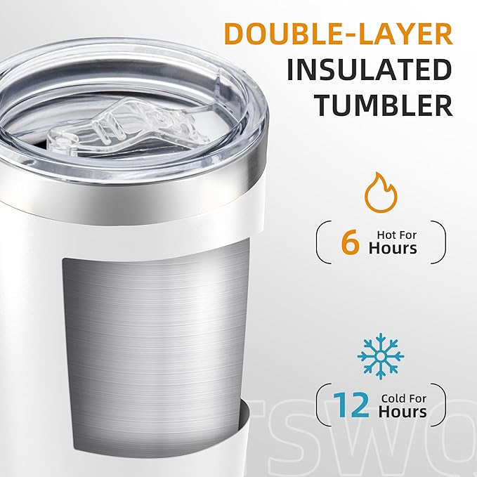 20 oz Tumbler Bulk with Lid Stainless Steel Insulated Tumblers Double Wall Vacuum Coffee Mug Powder Coated Tumbler Cups for Cold and Hot Drinks, White, 12 pack