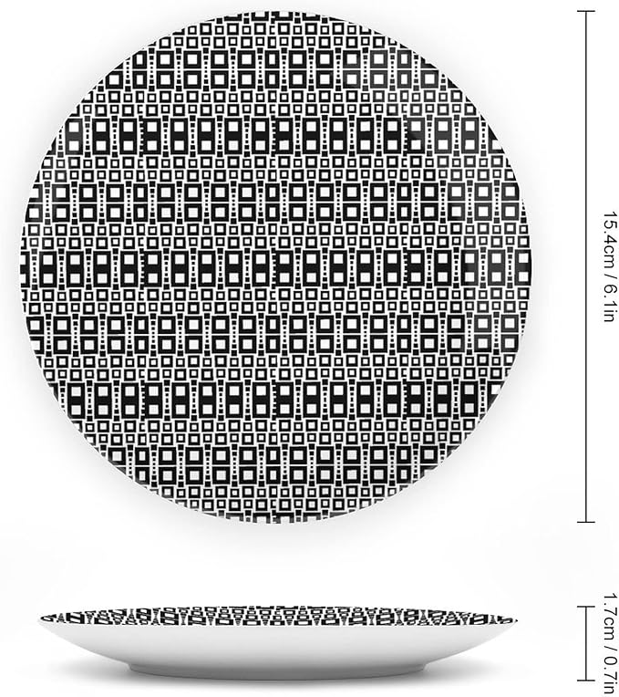 Ceramic Plates, Abstract Decorative Ceramic Plates, Monochrome Squares of Motif Grid Design Geometric, 8 Inch, for Dining, Parties, Wedding, Black White