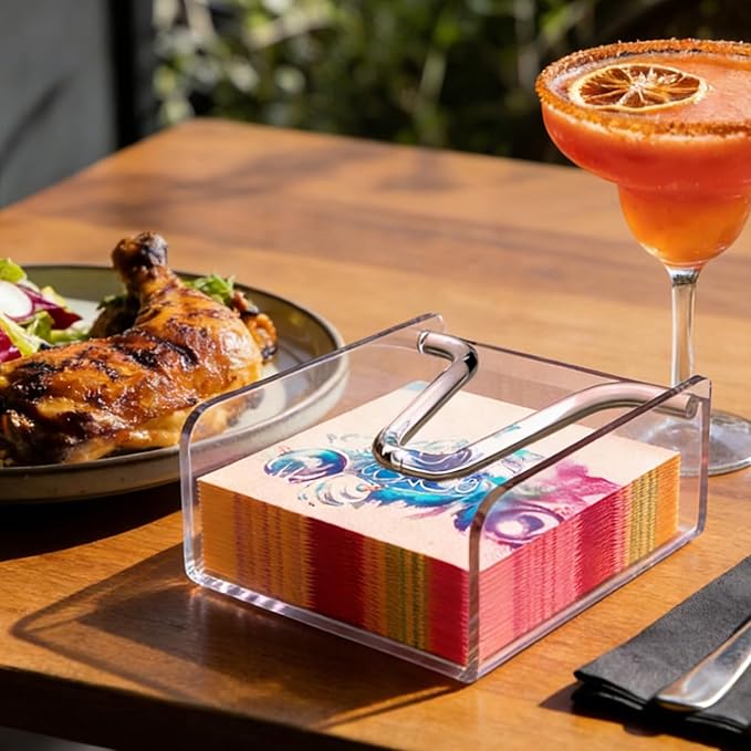 Clear Acrylic Gravity-Fed Napkin Holder with Weighted Arm, 6.5x6.5 Inch - SET OF 2, Keeps Napkins in Place for Home & Commercial Use