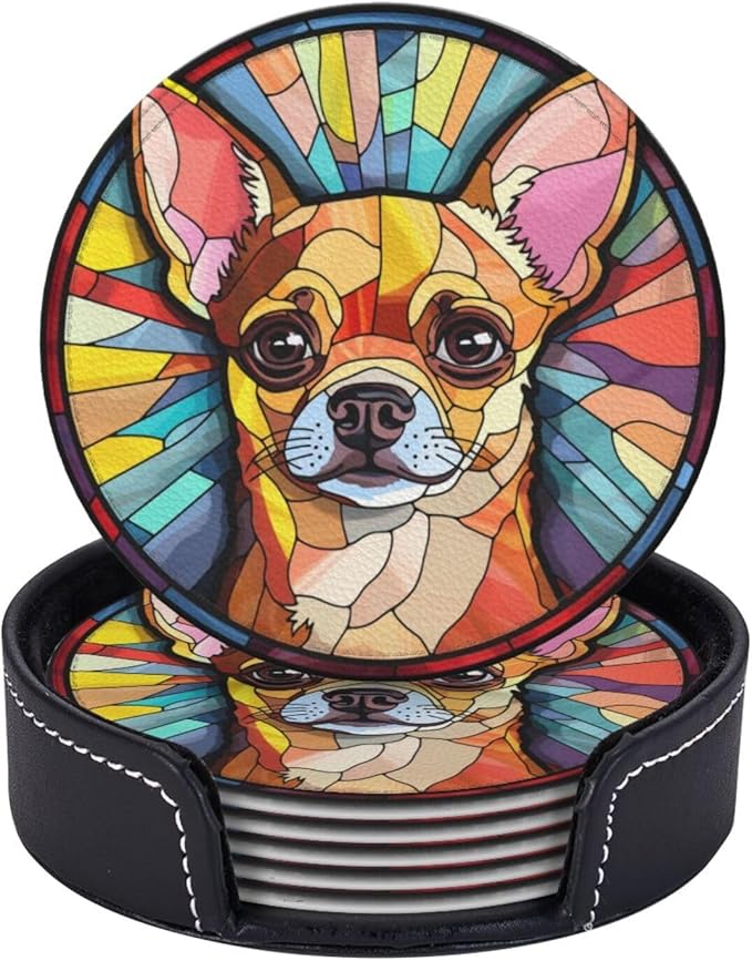 Drink Coaster Set of 6, Chihuahua Dog Mom Lover Gift,Leather Drink Coasters with Holder,6 Pack Cup/Bar/Drink Coasters for Table/Drinks/Coffee Protection Housewarming Gift