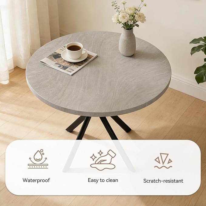 44" Round Dining Table with Cozy Chair Set for 4, Modern Mid-Century Dining Table Set of 4, Dinette Sets with Metal Leg for Kitchen Dining Room Apartment(Gray Table + Gray Chairs)