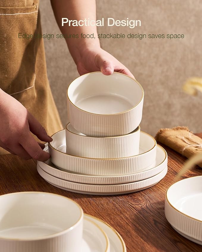 Famiware Star Dinnerware Set with Pasta Bowls, Service for 4 (16pcs), Ribbed Stoneware Plates and Bowls Dishes Sets with Trim - Chip & Scratch Resistant, Microwave & Dishwasher Safe, White