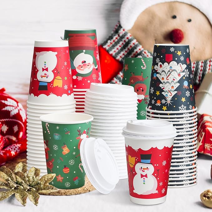 100 Pack 12 oz Paper Cups with Lids, Disposable Coffee Cups for Christmas, To Go Cups for Hot and Cold Drinks, Beverage