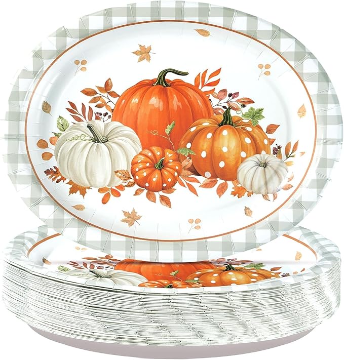 Grencian 50Pcs Fall Oval Paper Plates 10" x 12" Gray Plaid Orange Pumpkin Plate Disposable Fall Pumpkin White Plates Tableware Sets for Thanksgiving Autumn Holiday Dinner Party Supplies Decoration