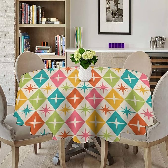 Abstract Geometric Round Tablecloth, Mid Century Retro Abstract Vintage Tablecloth for Home Party Dining Room Kitchen Decor 70Inch(178cm)