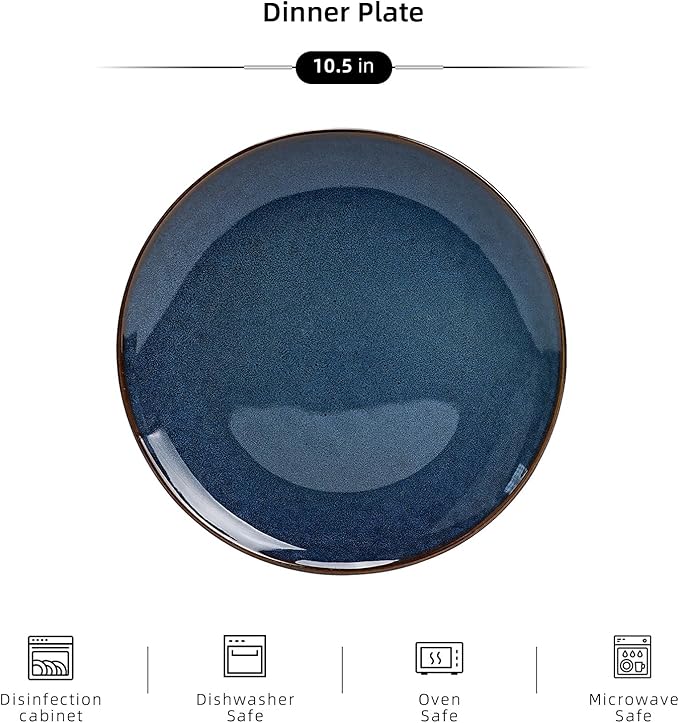 Organic Shape Highland Ceramic Dinner Plates, 6pcs 10.5 Inch Handmade Reactive Glaze Dinnerware Sets with Wavy Edge, for Kitchen, Microwave & Dishwasher Safe, Scratch Resistant-Blue