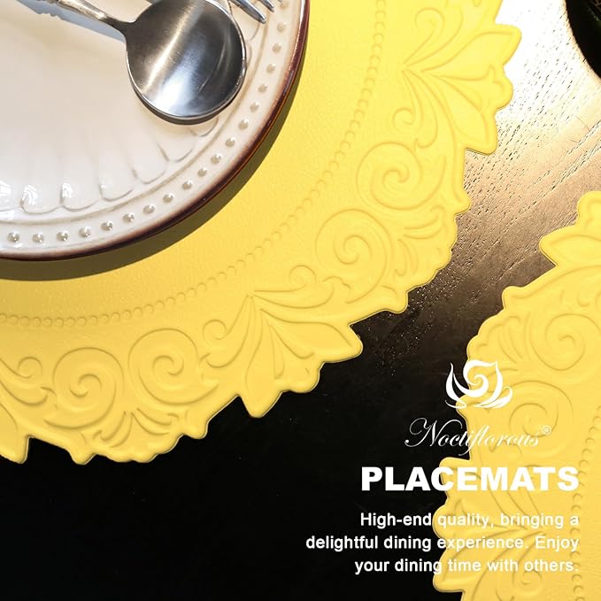 Noctiflorous Round Faux Leather 15 Inch Placemats Set of 4 Waterproof Wipeable Heat Resistant Tablemat for Dining Table Kitchen Non Slip Washable Oilproof Table Place Mat(Mango Yellow, 4)