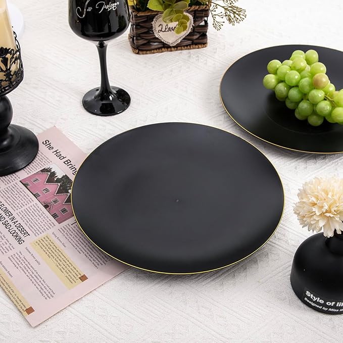 EI enjonirinjonir 80pcs Black and Gold Dinner Plates Disposable 10.25inch,Plastic Party Plates with Gold Rim,Black Plastic Matte plate Frosted Disposable Heavy Duty,Elegant for Wedding/Tea Party