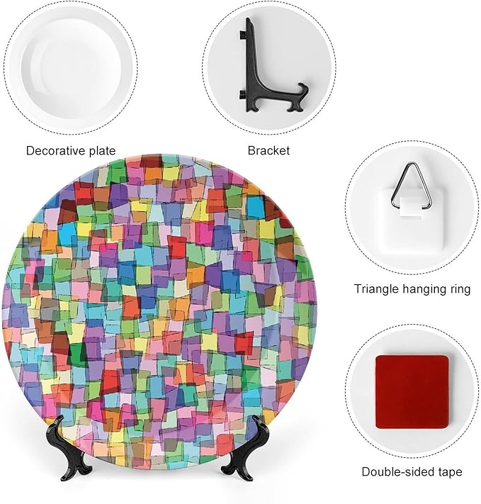 Ceramic Display Plate, Abstract Ceramic Hanging Decorative Plate, Mosaic Tile Pattern Colorful Squares Cubes, 6 Inch, Household Custom Ceramic Plate, Multicolor