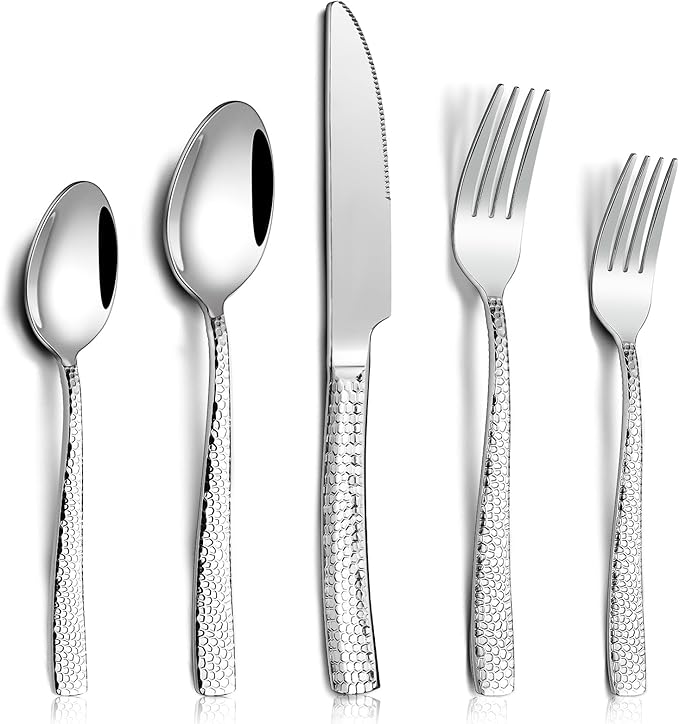 Hammered silverware set for 4 modern flatware set Heavy duty cutlery set 20piece Stainless Steel fork spoon knife set everyday kitchen, Mirror Finish Dishwasher Safe