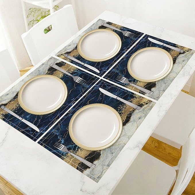 Marble Linen Placemats Set of 4, Modern Luxury Foil Cracked Texture Navy Blue Gold Marble Washable Place Mats, Non Slip Placemat for Home Party Dining Tables Wedding Kitchen Banquets Decor 12x17 Inch