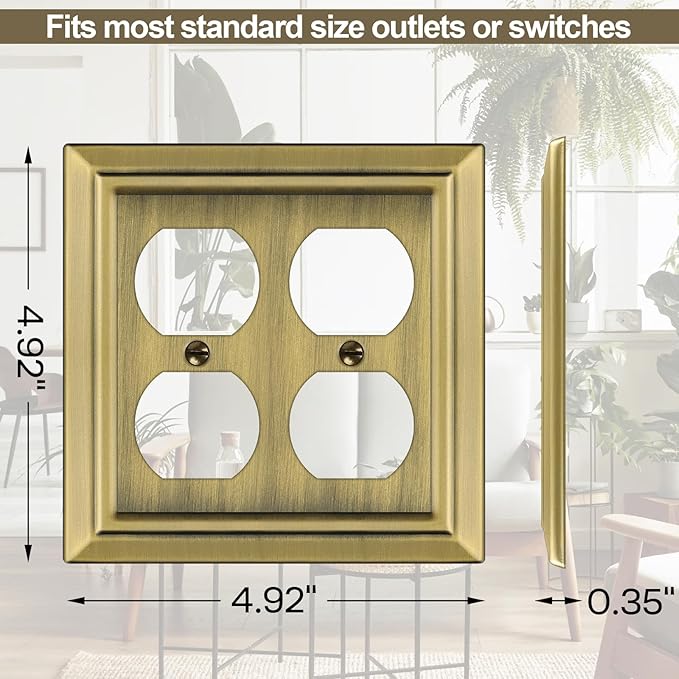 Metal Wall Plate for Electrical Outlets, Decorative Antique Brass Switch Plates Outlet Cover, Light Switch Cover Plate, 2-Gang Wall Plates (Double Duplex Outlet, 2 Pack)
