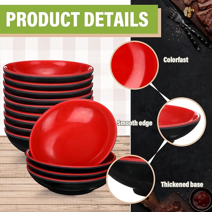 Hushee 25 Pcs Dipping Bowls Soy Sauce Dishes Dipping Sauce Cups Serving Plate Set Black Red Side Small Dish Pinch Bowls for Condiment, Soy, BBQ, Desserts(Round)