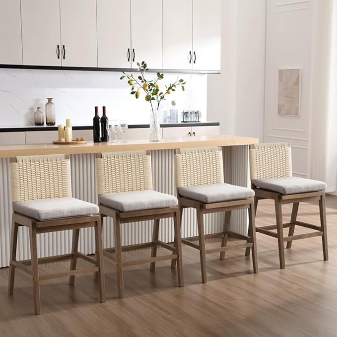Mid Century Modern Counter Height Barstools Set of 2, 27” Linen Upholstered Counter Stools with Rope Woven Back Wooden Farmhouse Bar Stools for Kitchen Island Dining Room,Grey
