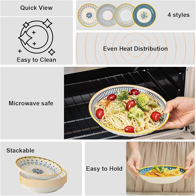 Yeacccng Pasta Bowls Set of 8, 24 Oz Ceramic Salad Bowls, 8 Inch Shallow Serving Bowls for Pasta, Salad, Oatmeal, Fruit, Easy to Clean, Dishwasher & Microwave Safe, Scratch-Resistant, Lead-Free