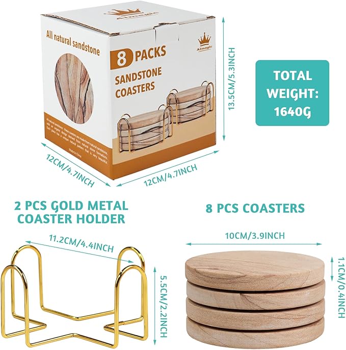 Natural Sandstone Coasters Set of 8 with Holder, 4 in Dia Drink Coasters for Coffee Table, Water Absorbent & Heat Resistant Cup Coaster for Home & Office, Christmas Birthday Gift