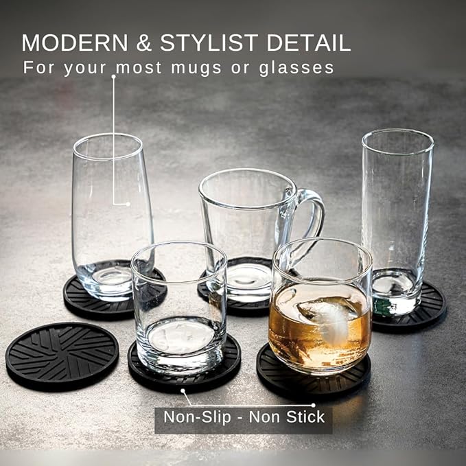 Black Silicone Coasters Set of 6 with Gold Holder - Smart and Modern Design That Holds Your Drink’s condensations, Protecting Your Coffee Table, Perfect Decor for Home, Office, bar