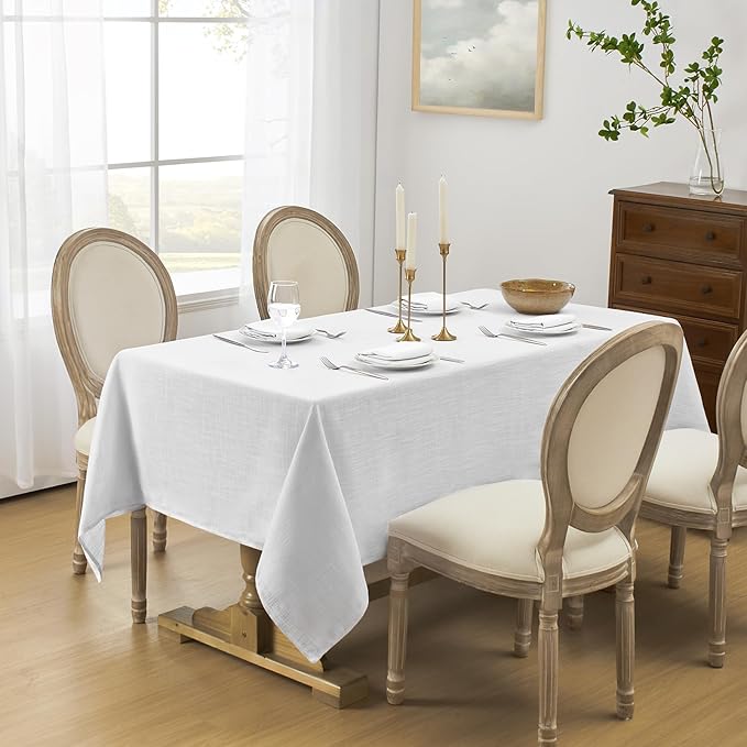 Softalker Linen Textured Rectangle Tablecloth, Waterproof Wipeable Farmhouse Burlap Table Cloth, Stain Resistant Wrinkle Free Table Covers for Kitchen Dining Holiday Party (52 x 70, White)