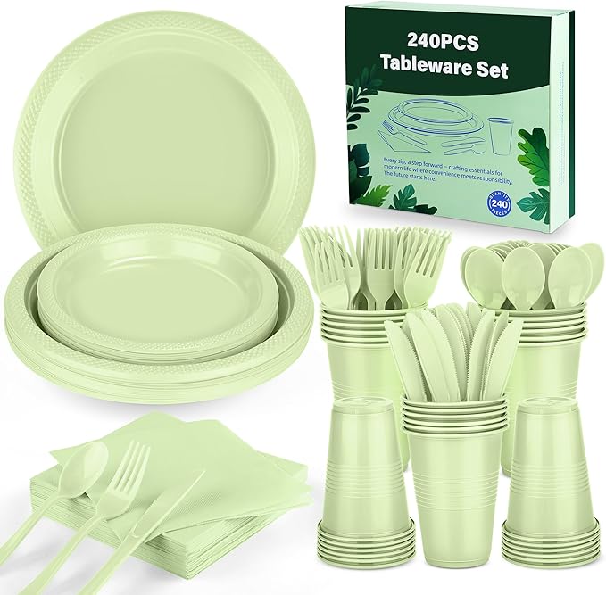 Kochorie 240 Pieces Sage Green Plastic Dinnerware Set Disposable Heavy Duty Plates Napkins Cups Silverware Dessert Dinner Plates for Birthday Wedding Baby Shower Party Supplies, Serves 30 Guests