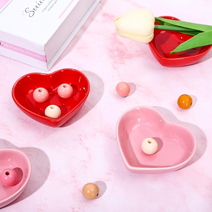 Whaline 4Pcs Heart Shape Sauce Dish Ceramic Side Dish Bowl Red Pink Jewelry Ring Dish Tray for Home Kitchen Xmas Wedding Valentine's Day Anniversary Birthday Party Decor