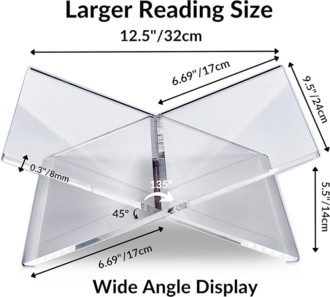 Honygebia Clear Acrylic Book Stands - Cross Frame Acrylic Book Holder, Open Bookstand for Display and Reading, Suitable for Art, Bible, Cookbook, Easel, Magazine, Textbooks 12.5" x 9.5" x 5.5"
