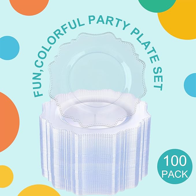 COLOSUS 100pcs 9.5 Inch Clear Plastic Plates,Heavy Duty Disposable Dinner Plates,Fancy clear Plates,Premium Plastic Dinner Plates for Party,Thanksgiving and Everyday Use