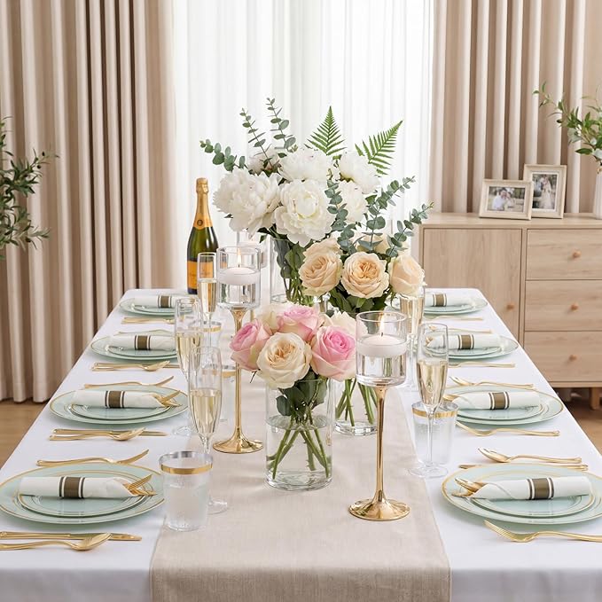 175PCS Sage Green Plastic Plates - Heavy Duty Green Plates Disposable - 25Guests Plastic Dinnerware with Rolled Napkins for Spring/Birthday/Baby Shower/Easter