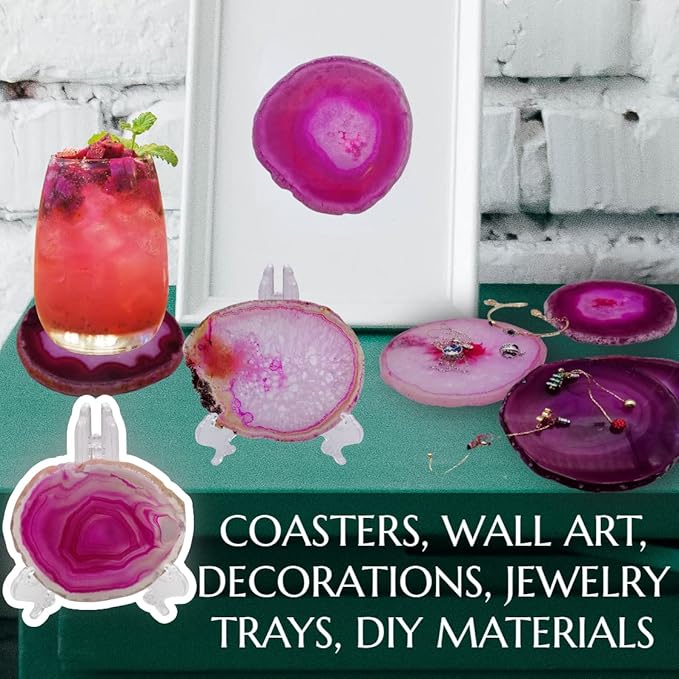 Pink Geode Drink Coasters Dyed 4-5" Set Agate Slice Large Gemstone Crystal Cup Mats for Coffee Table Wedding Creative Cards