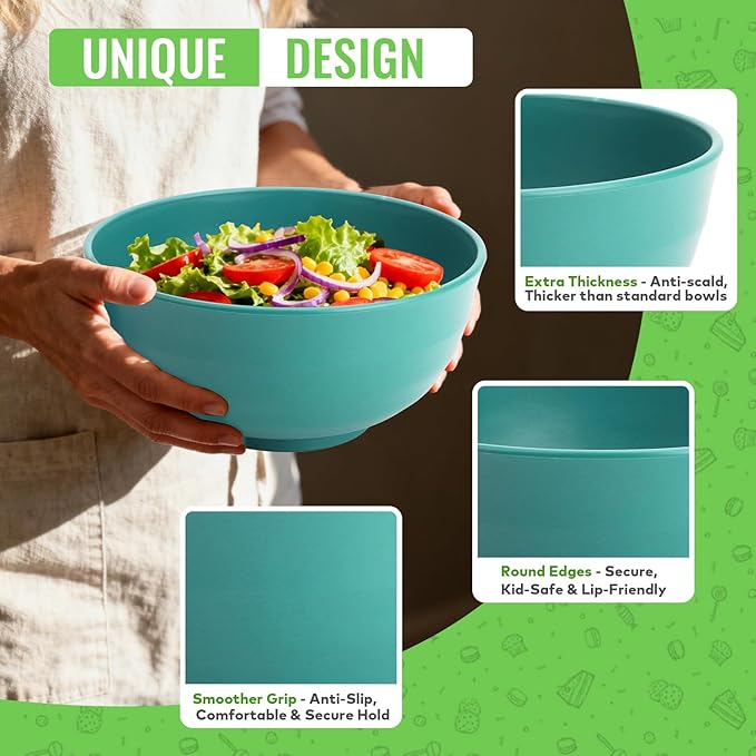 60 OZ Large Salad Bowls, Wheat Straw Camping Bowl Set of 6, Unbreakable Plastic Serving Bowls, Microwave & Dishwasher Safe Large Dinner Bowl for Kitchen & Outdoor, Green