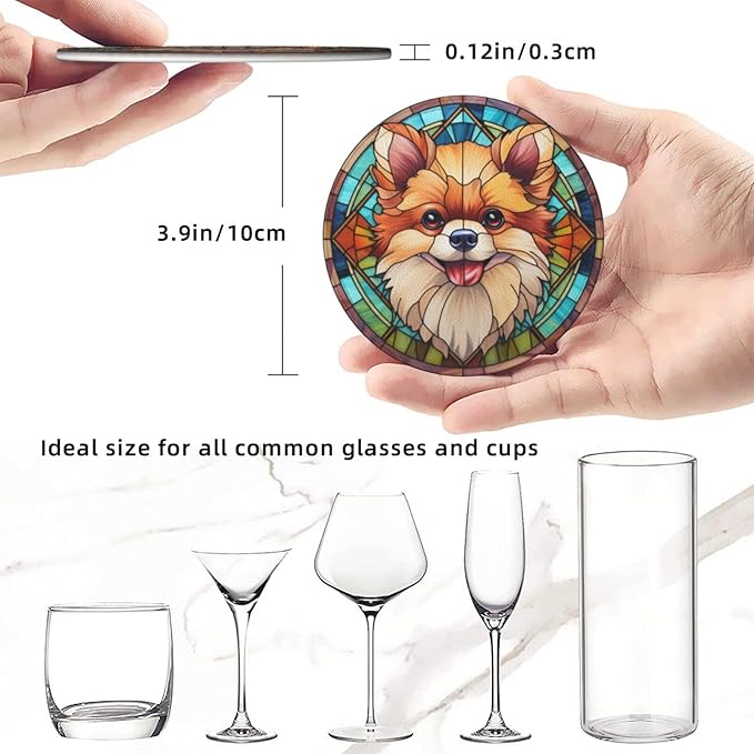 Drink Coaster Set of 6, Pomeranian Dog Mom Lover Gift,Leather Drink Coasters with Holder,6 Pack Cup/Bar/Drink Coasters for Table/Drinks/Coffee Protection Housewarming Gift