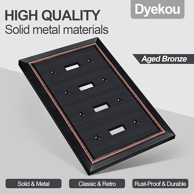 Metal Wall Plate for Electrical Outlets, Decorative Aged Bronze Switch Plates Outlet Cover, Light Switch Cover Plate, 4-Gang Wall Plates (Quad Toggle, 1 Pack)