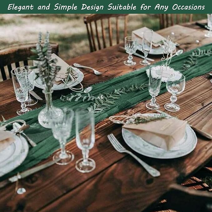 12 Pack Boho Gauze Table Runner 35x72 Inch - Rustic Cheese Cloth Long Table Runner for Wedding, Bridal Shower & Birthday Party Decor (Dark Green)