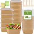 50-Pack 29oz Kraft Paper Bowls Disposable with Lids and Wooden Forks, Disposable Meal Prep Containers Paper Food Prep Containers with Lids, To Go Container for Hot Soup/Salad, Freezer & Microwave Safe