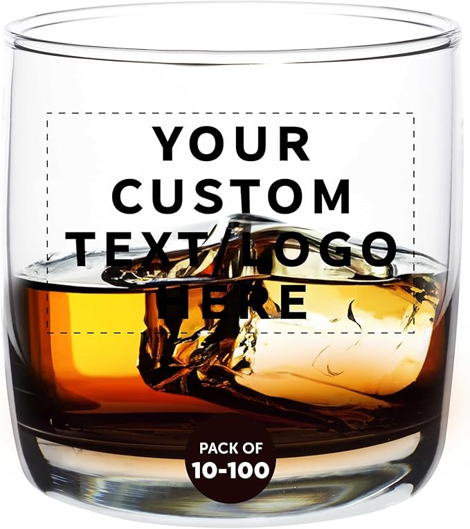 DISCOUNT PROMOS Custom Whiskey Glasses 10 oz Set of 10/50/100, Personalized Bulk Pack - Heavy Base Old Fashioned Glass, Perfect for Scotch, Bourbon, Whiskey, Cocktail - Black Bottom Color