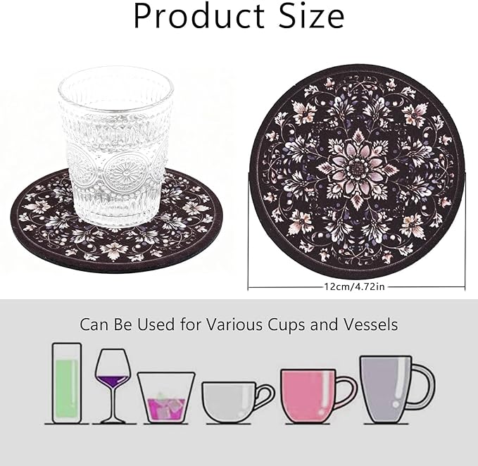Bohemian Round Coasters Set of 4,Vintage Mandala Coasters for Drinks Absorbent Rubber Drink Coaster for Cup with Non Slip Backing Coffee Table Wine Glass Home Bar 4.7 inch