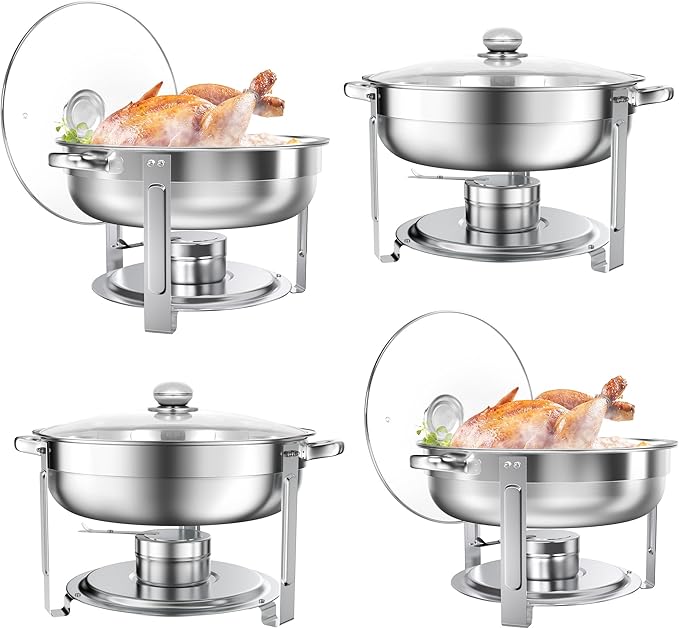 Rengue 6QT Chafing Dishes for Buffet, 4 Pack Stainless Steel Round Chafing Dish Buffet Set, Heating and Cooling Buffet Servers and Warmers, Food Warmers for Parties Buffet,Gatherings,Banquets,Weddings