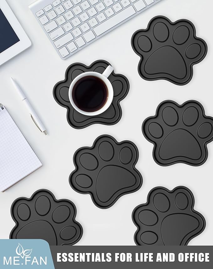 ME.FAN Silicone Coasters 6 Pack Paw Cup Mat with Holder, Dog Cat Paw Shape, for Hot or Cold Drink, Non-Slip, Non-Stick, Room Decor, Housewarming Black