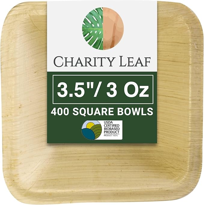 Charity Leaf Disposable Palm Leaf 3.5" Square Mini Bowl (400 pcs) Dipping Bowls | Bamboo Like| All Natural and Biodegradable | Charcuterie Boards, BBQs, and Parties
