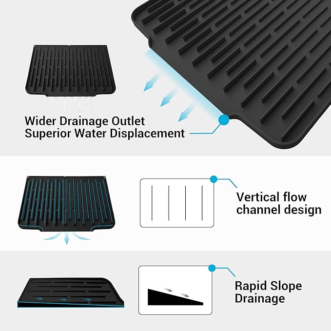 Silicone Dish Drying Mat for Kitchen Counter, Foldable & Heat Resistant Drying Pad with 5° Slope & Wide Drain, 15x12 Inch Non-slip Sink Mat for Bathroom and Countertop.(Black）